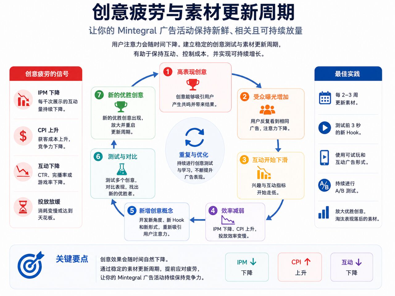 Mintegral 创意疲劳与素材更新周期示意图 Mintegral 创意疲劳与素材更新周期示意图