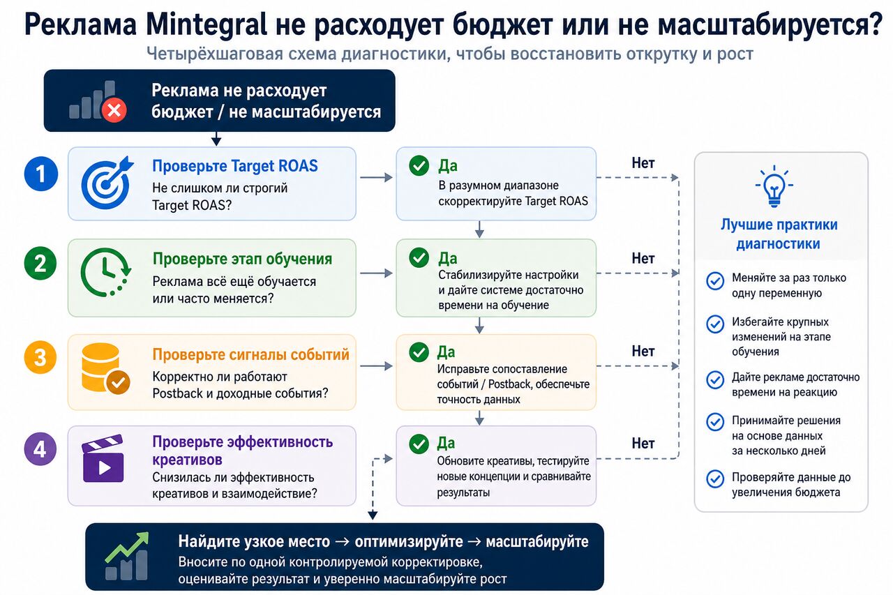 блок-схема диагностики остановки открутки Mintegral кампания блок-схема диагностики остановки открутки Mintegral кампания