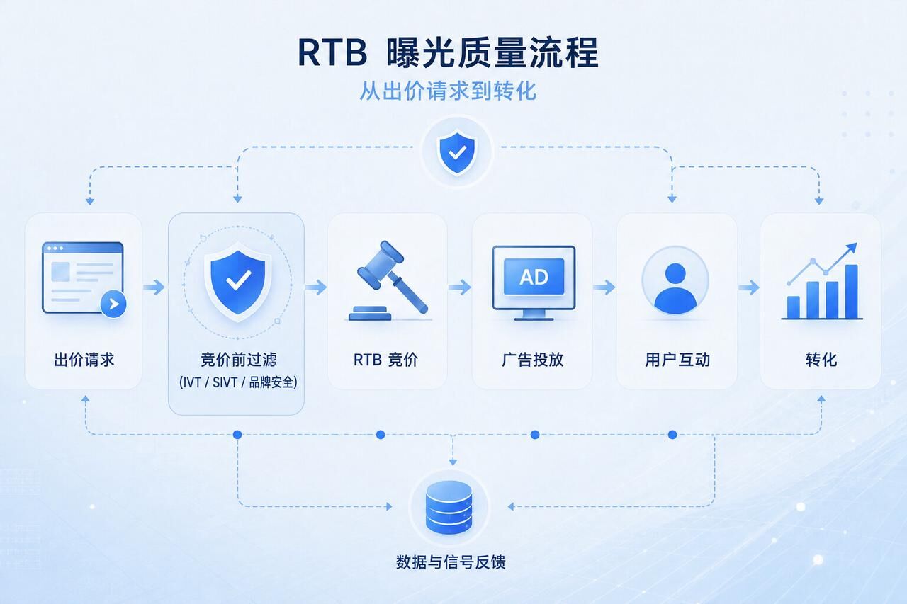 程序化RTB曝光质量流程,从出价请求、竞价前过滤、竞价到展示和转化 程序化RTB曝光质量流程,从出价请求、竞价前过滤、竞价到展示和转化