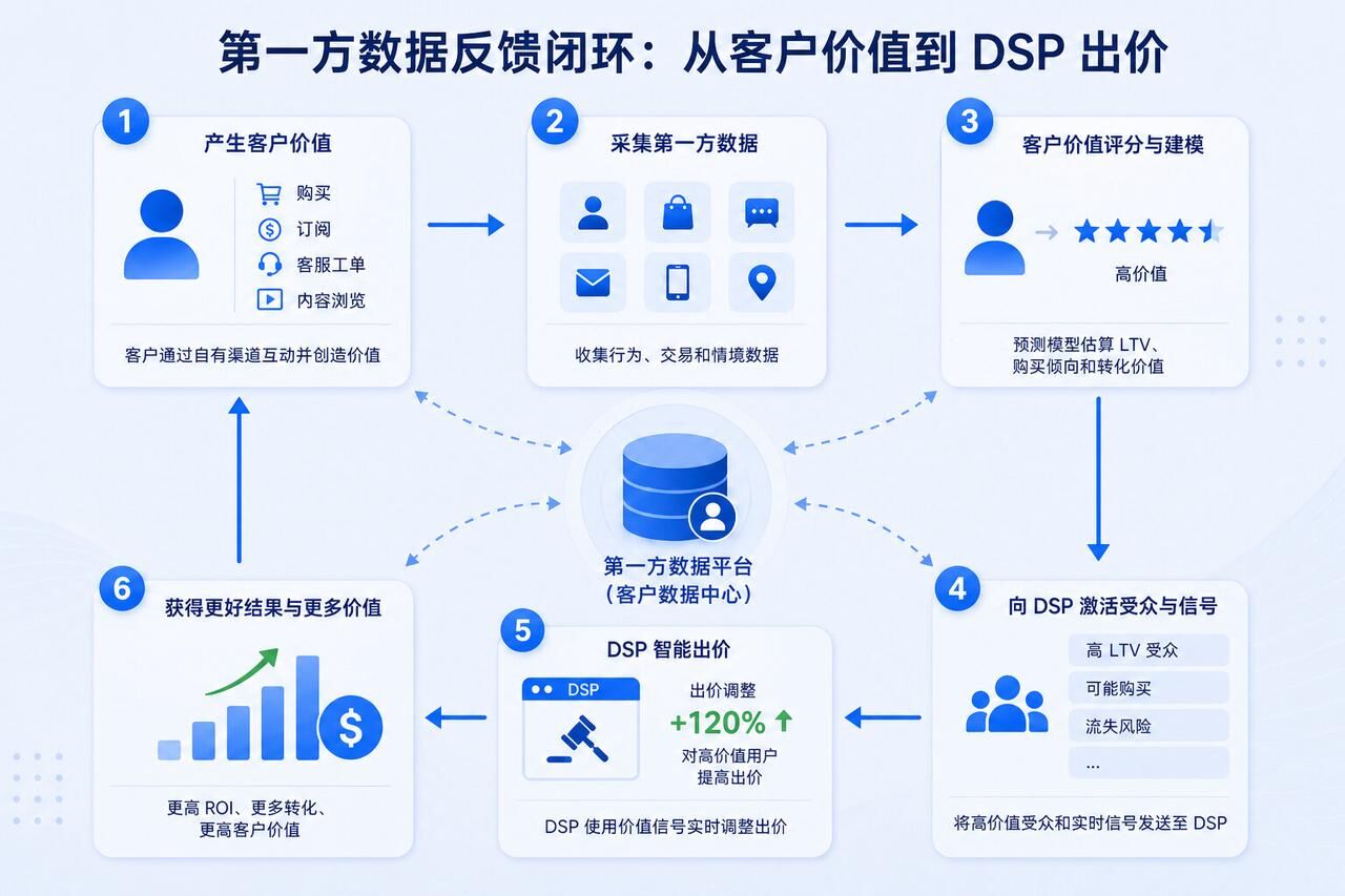 从客户价值回流至DSP出价的第一方数据反馈闭环 从客户价值回流至DSP出价的第一方数据反馈闭环