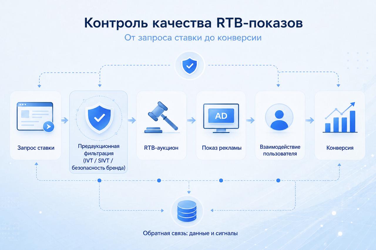Схема качества RTB-показа от Bid Request и Pre-Bid Filtering через Auction и Impression до Conversion Схема качества RTB-показа от Bid Request и Pre-Bid Filtering через Auction и Impression до Conversion