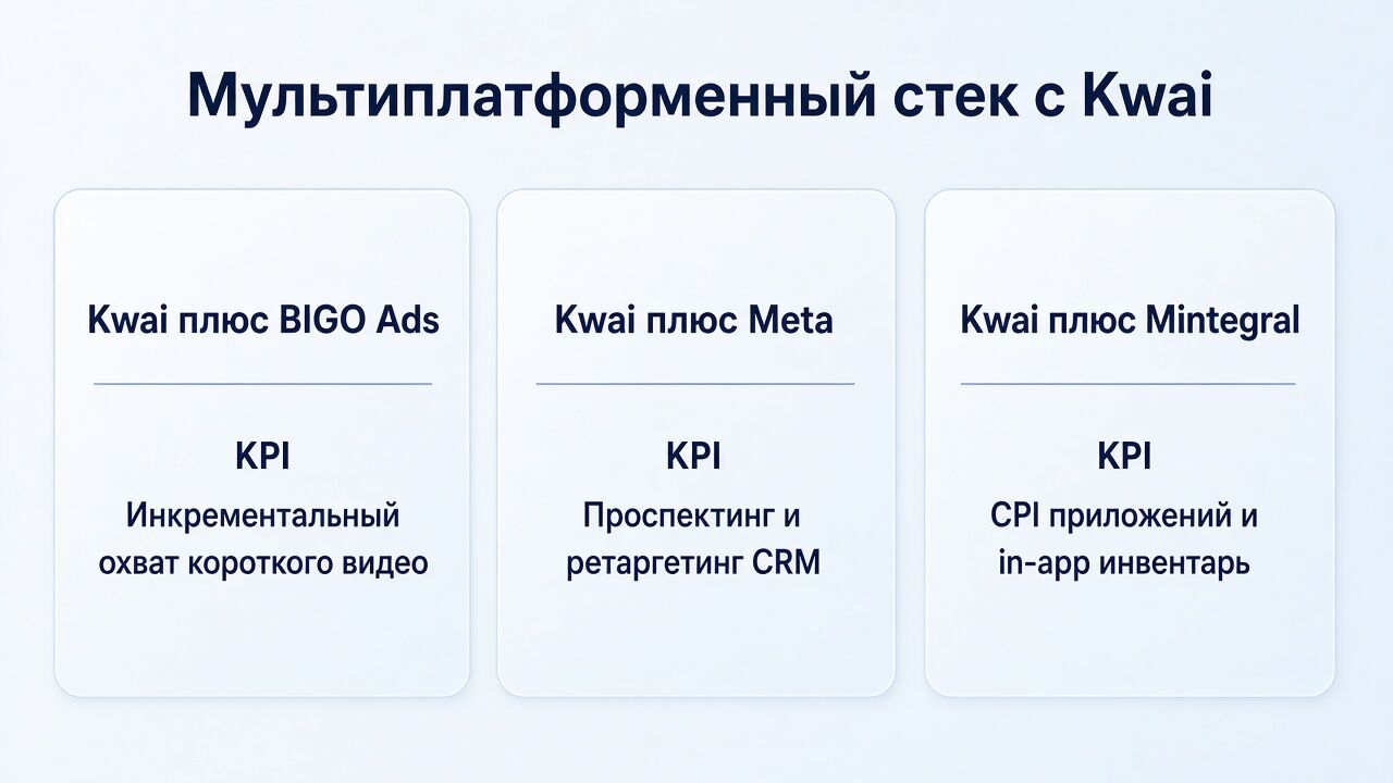 Мультиплатформенный стек Kwai Ads с BIGO Ads, Meta или Mintegral Мультиплатформенный стек Kwai Ads с BIGO Ads, Meta или Mintegral