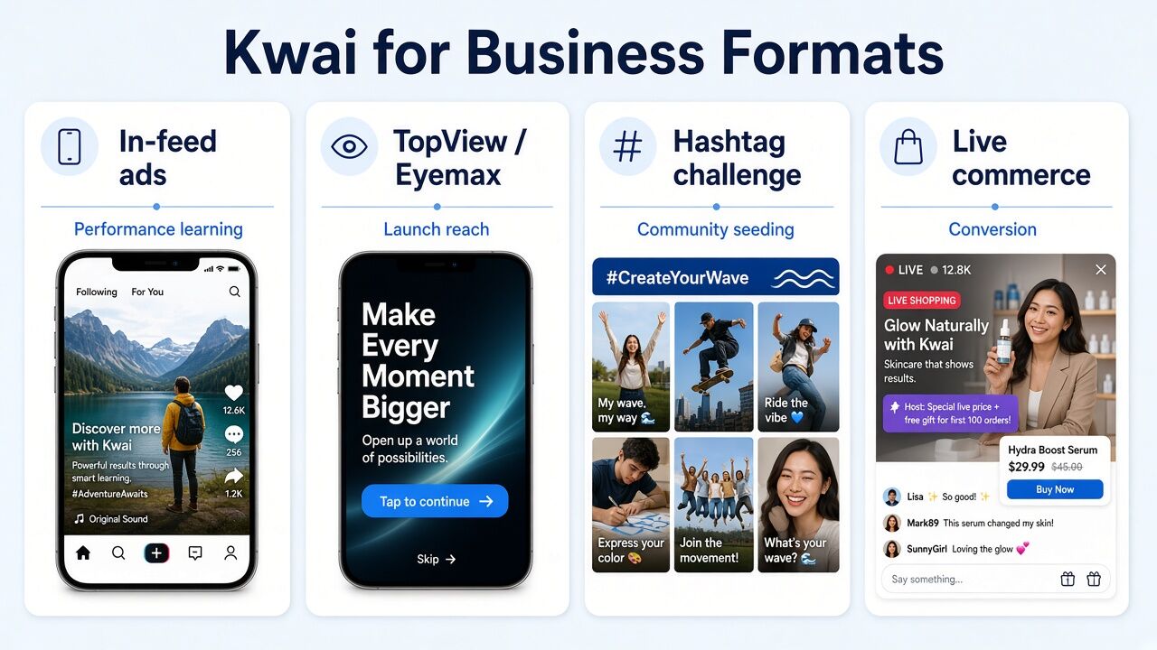 Kwai for Business ad formats from in-feed ads to TopView Eyemax and live commerce Kwai for Business ad formats from in-feed ads to TopView Eyemax and live commerce