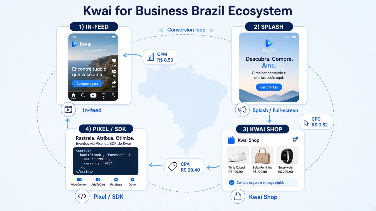 Kwai for Business Brazil ecosystem with in-feed splash Kwai Shop and conversion tracking Kwai for Business Brazil ecosystem with in-feed splash Kwai Shop and conversion tracking