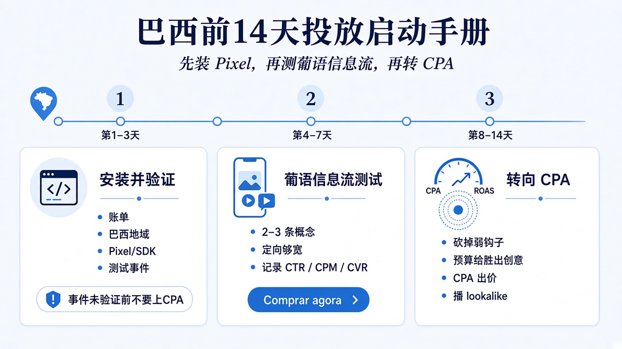 Kwai巴西前14天投放启动时间线:从pixel到葡语信息流再转CPA Kwai巴西前14天投放启动时间线:从pixel到葡语信息流再转CPA