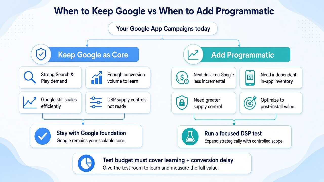 Decision framework for deciding when to add programmatic advertising to Google App Campaigns Decision framework for deciding when to add programmatic advertising to Google App Campaigns