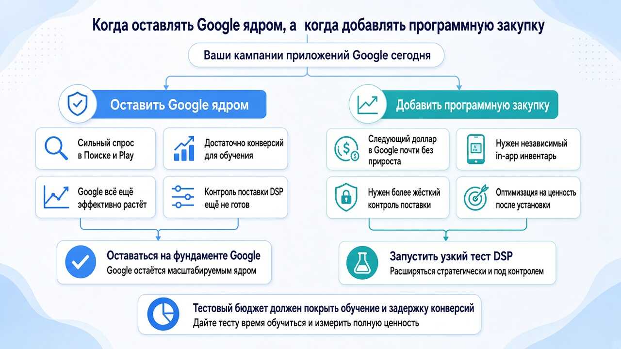 Схема решения, когда добавлять программную закупку к кампаниям приложений Google Схема решения, когда добавлять программную закупку к кампаниям приложений Google