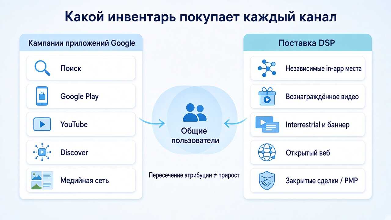 Сравнение инвентаря кампаний приложений Google и программной закупки Сравнение инвентаря кампаний приложений Google и программной закупки