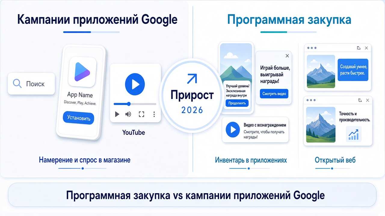 Сравнение программной закупки и кампаний приложений Google для прироста пользователей в 2026 году Сравнение программной закупки и кампаний приложений Google для прироста пользователей в 2026 году