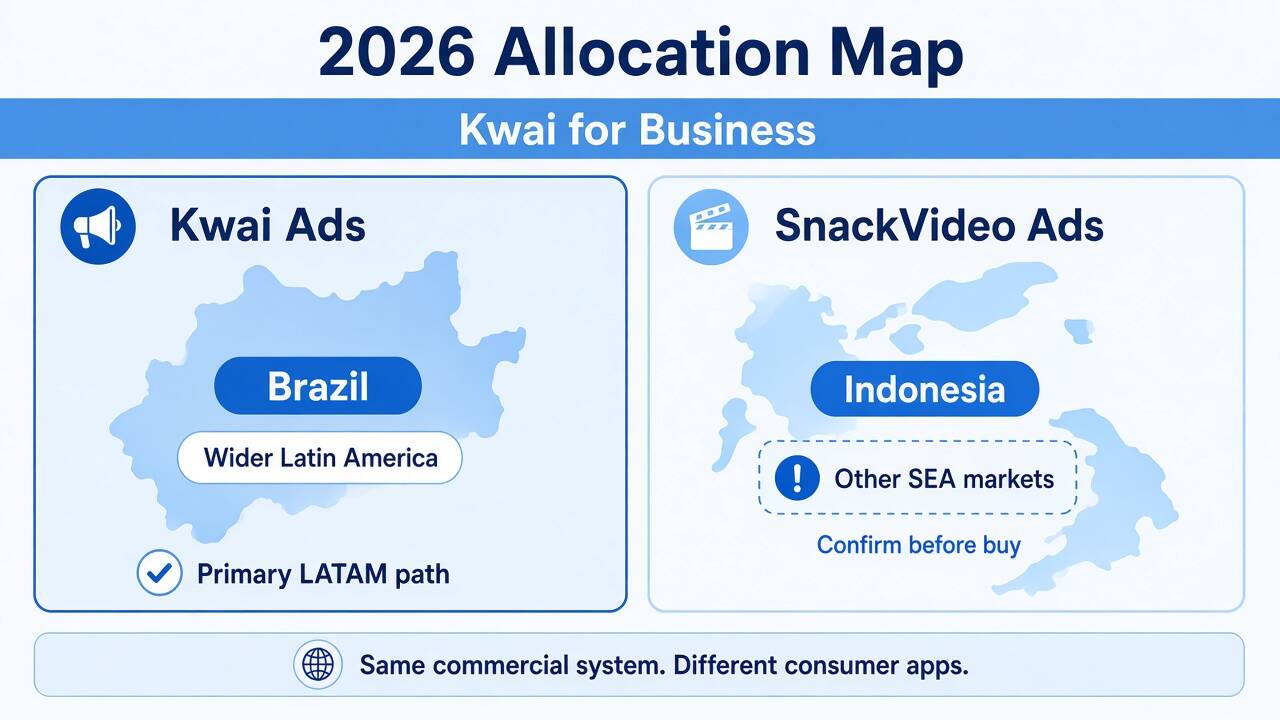 2026 allocation map showing Kwai Ads for Latin America and SnackVideo Ads for Indonesia under Kwai for Business