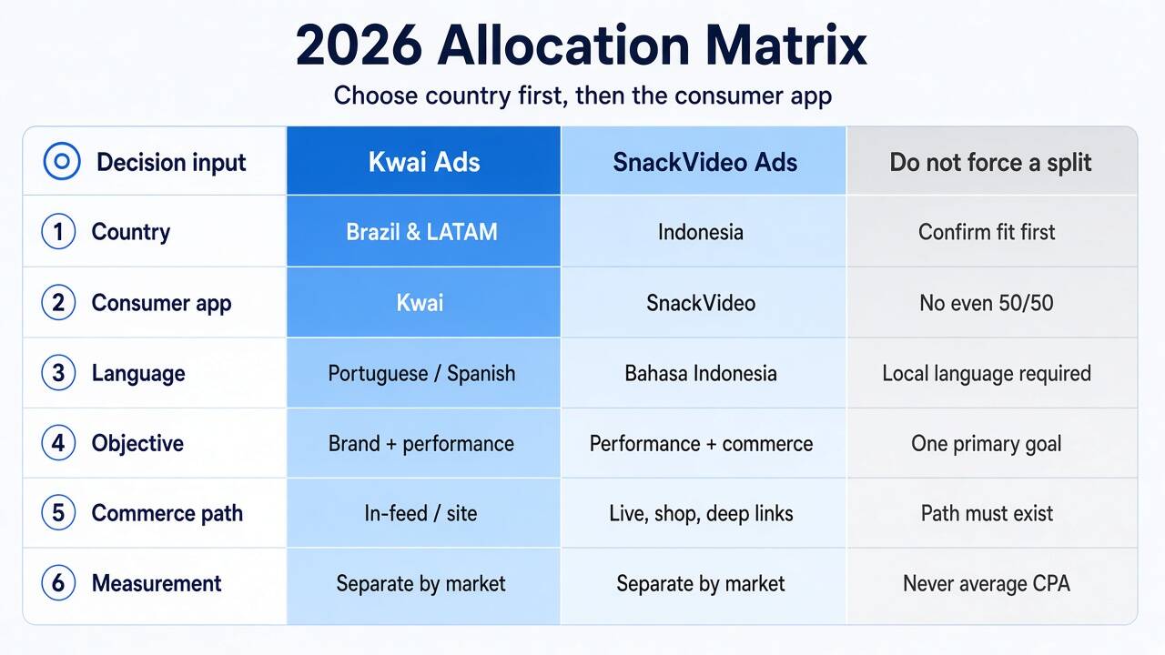 Six-row 2026 matrix for choosing Kwai Ads, SnackVideo Ads, or not splitting spend