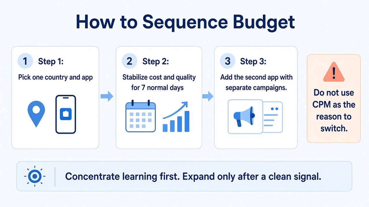 Budget sequence from a single-country Kwai or SnackVideo test to a separate two-app program
