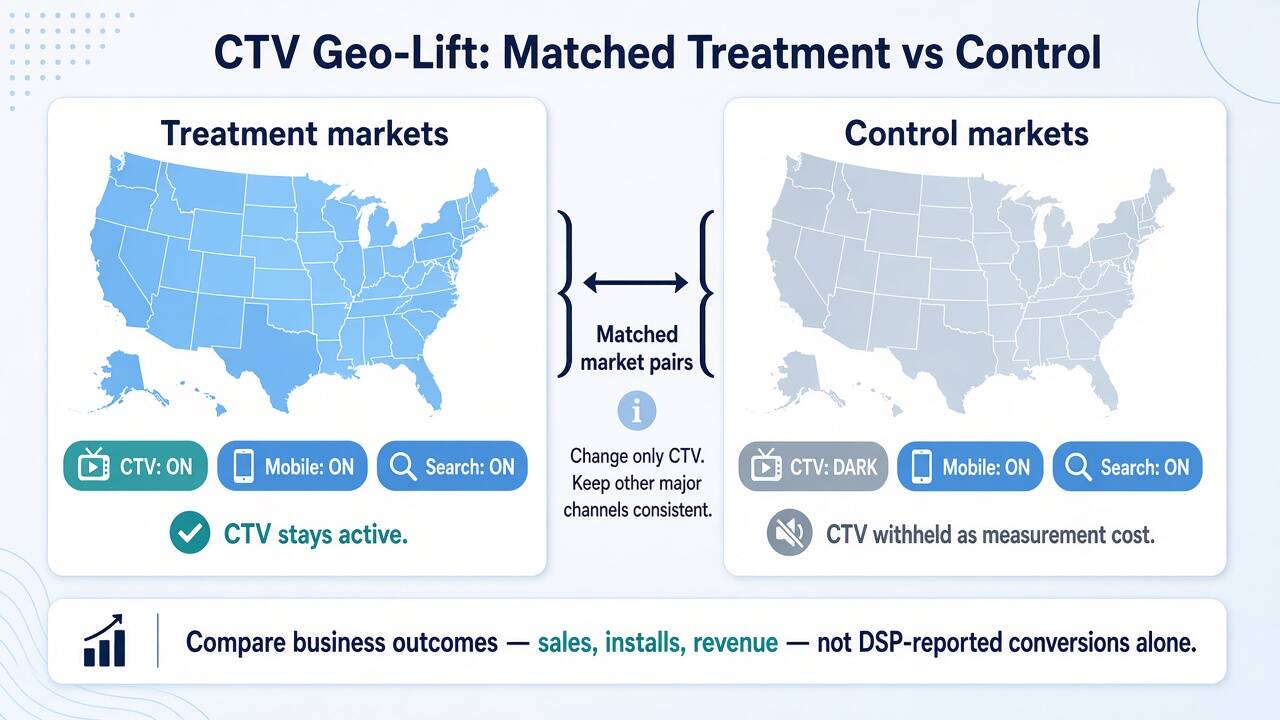 CTV geo-lift test design with matched treatment and control markets