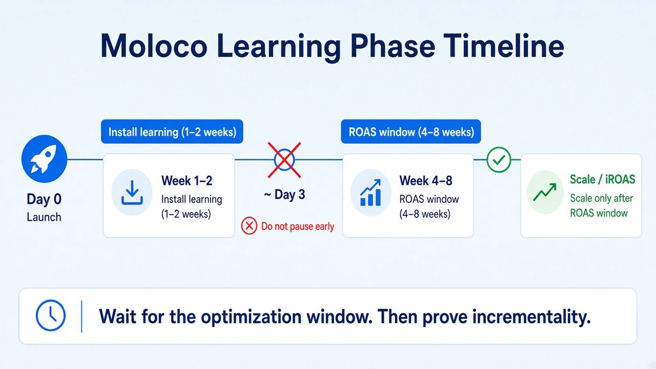 Moloco Ads learning phase timeline from launch to iROAS scale Moloco Ads learning phase timeline from launch to iROAS scale