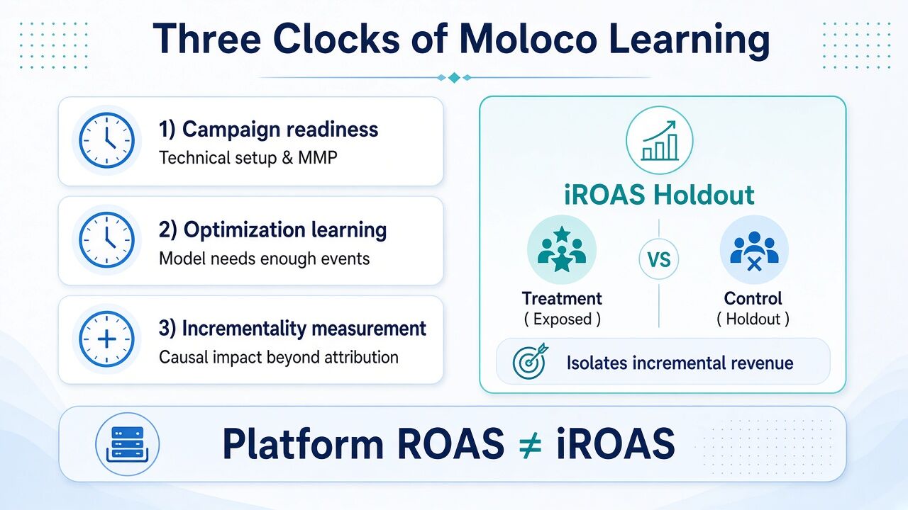 Difference between Moloco campaign readiness, optimization learning, and iROAS measurement Difference between Moloco campaign readiness, optimization learning, and iROAS measurement