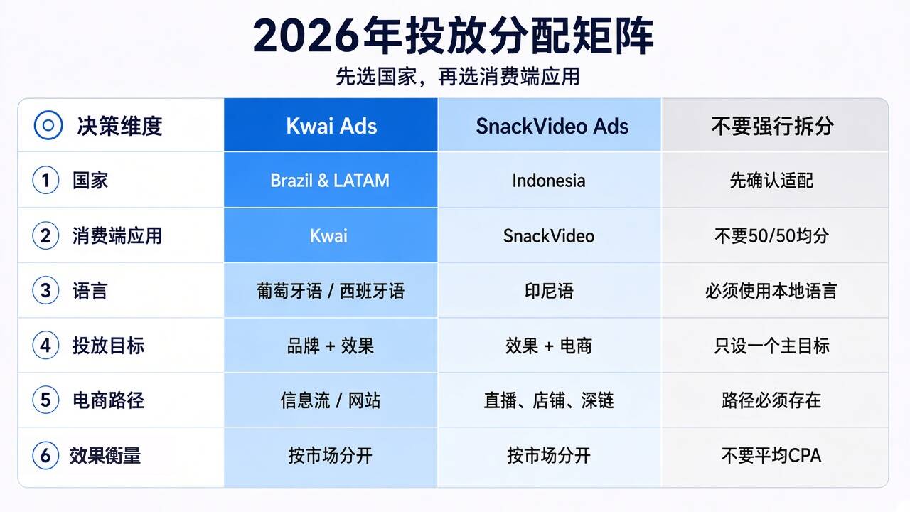 2026年Kwai广告、SnackVideo广告及“不强行拆分”三种投放策略的六维决策矩阵 2026年Kwai广告、SnackVideo广告及“不强行拆分”三种投放策略的六维决策矩阵