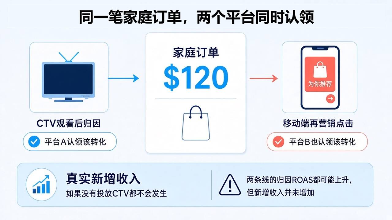 CTV与移动广告重复归因导致平台ROAS高估的示意图 CTV与移动广告重复归因导致平台ROAS高估的示意图