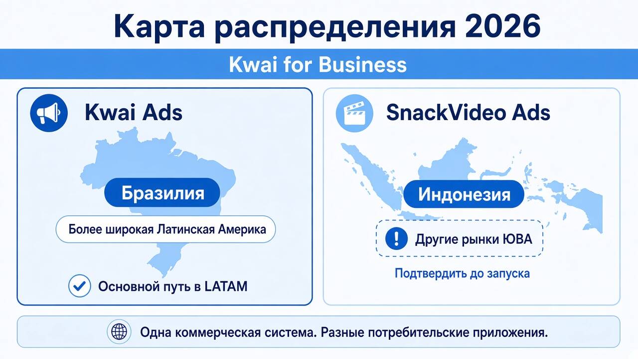 Карта распределения рекламы Kwai Ads и SnackVideo Ads в 2026 году с Латинской Америкой и Индонезией в экосистеме Kwai for Business Карта распределения рекламы Kwai Ads и SnackVideo Ads в 2026 году с Латинской Америкой и Индонезией в экосистеме Kwai for Business
