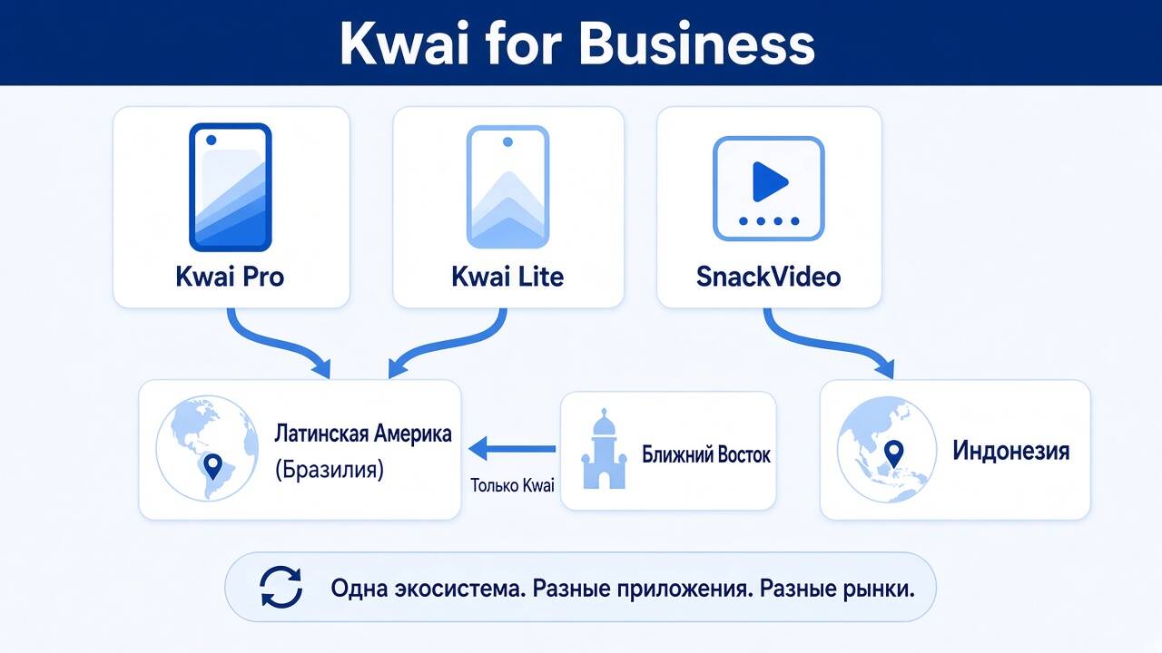 Схема Kwai Pro, Kwai Lite и SnackVideo в системе Kwai for Business с распределением по рынкам Латинской Америки и Индонезии Схема Kwai Pro, Kwai Lite и SnackVideo в системе Kwai for Business с распределением по рынкам Латинской Америки и Индонезии