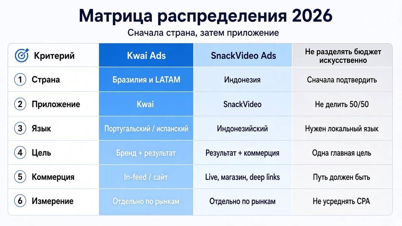 Матрица 2026 года для выбора между Kwai Ads, SnackVideo Ads или отказа от искусственного разделения бюджета Матрица 2026 года для выбора между Kwai Ads, SnackVideo Ads или отказа от искусственного разделения бюджета