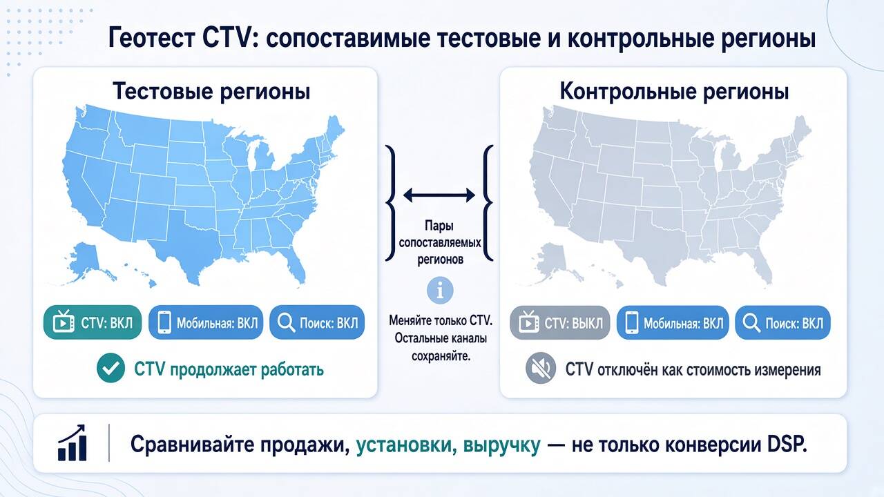 Схема геотеста CTV с тестовыми и контрольными регионами Схема геотеста CTV с тестовыми и контрольными регионами