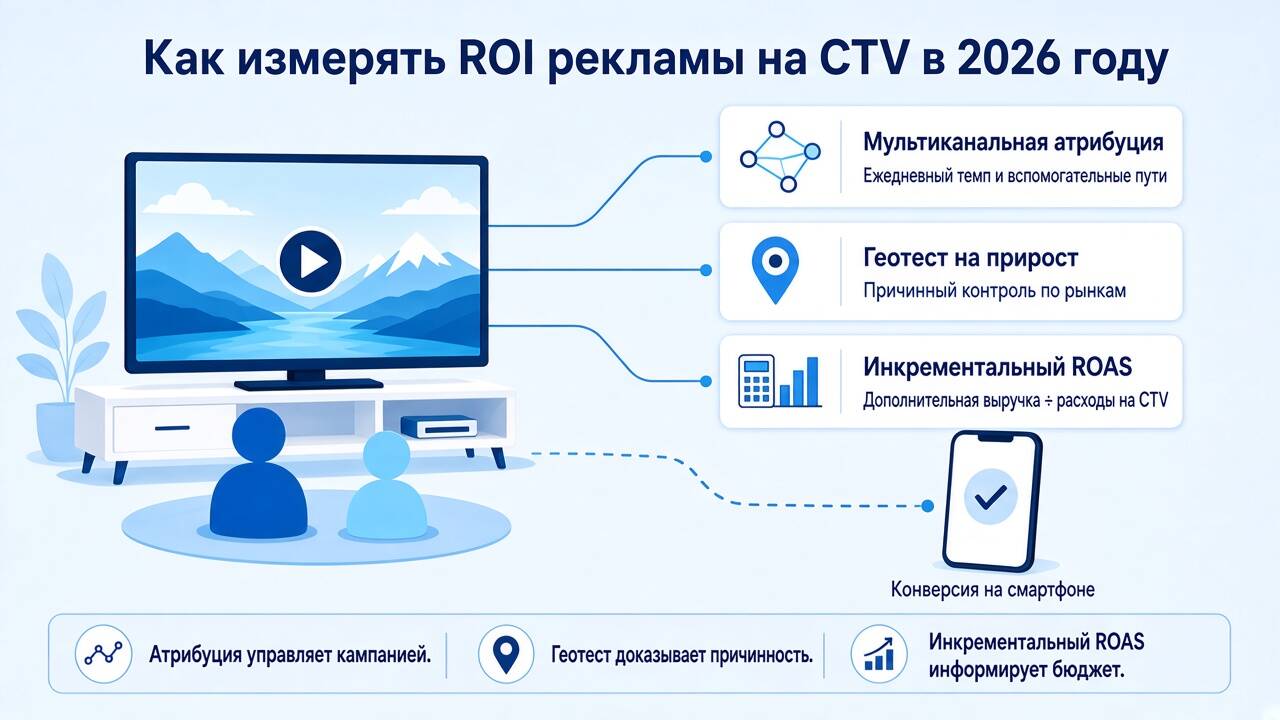Как измерять ROI рекламы на CTV в 2026 году с помощью мультиканальной атрибуции, геотеста и инкрементального ROAS Как измерять ROI рекламы на CTV в 2026 году с помощью мультиканальной атрибуции, геотеста и инкрементального ROAS