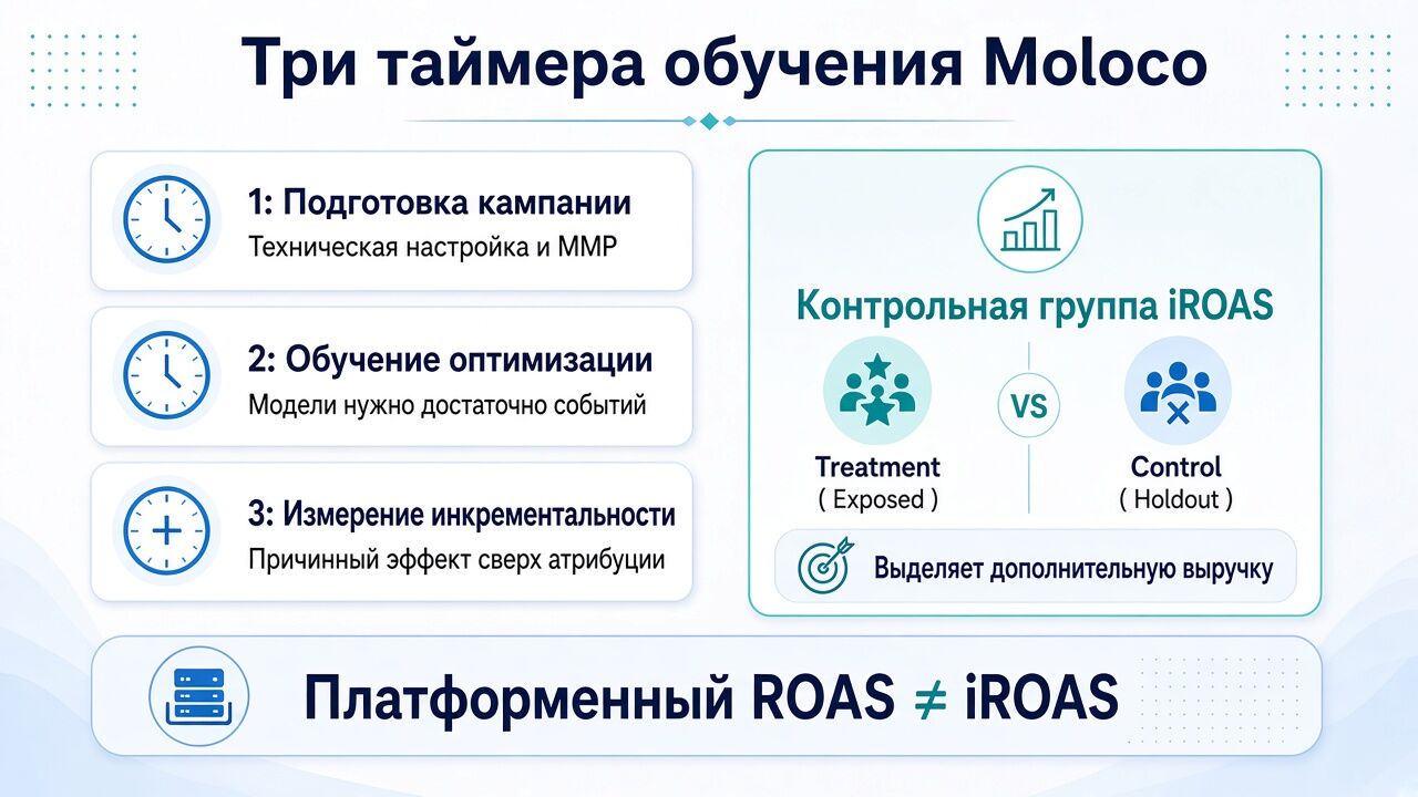 Разница между подготовкой кампании Moloco, обучением оптимизации и измерением iROAS Разница между подготовкой кампании Moloco, обучением оптимизации и измерением iROAS
