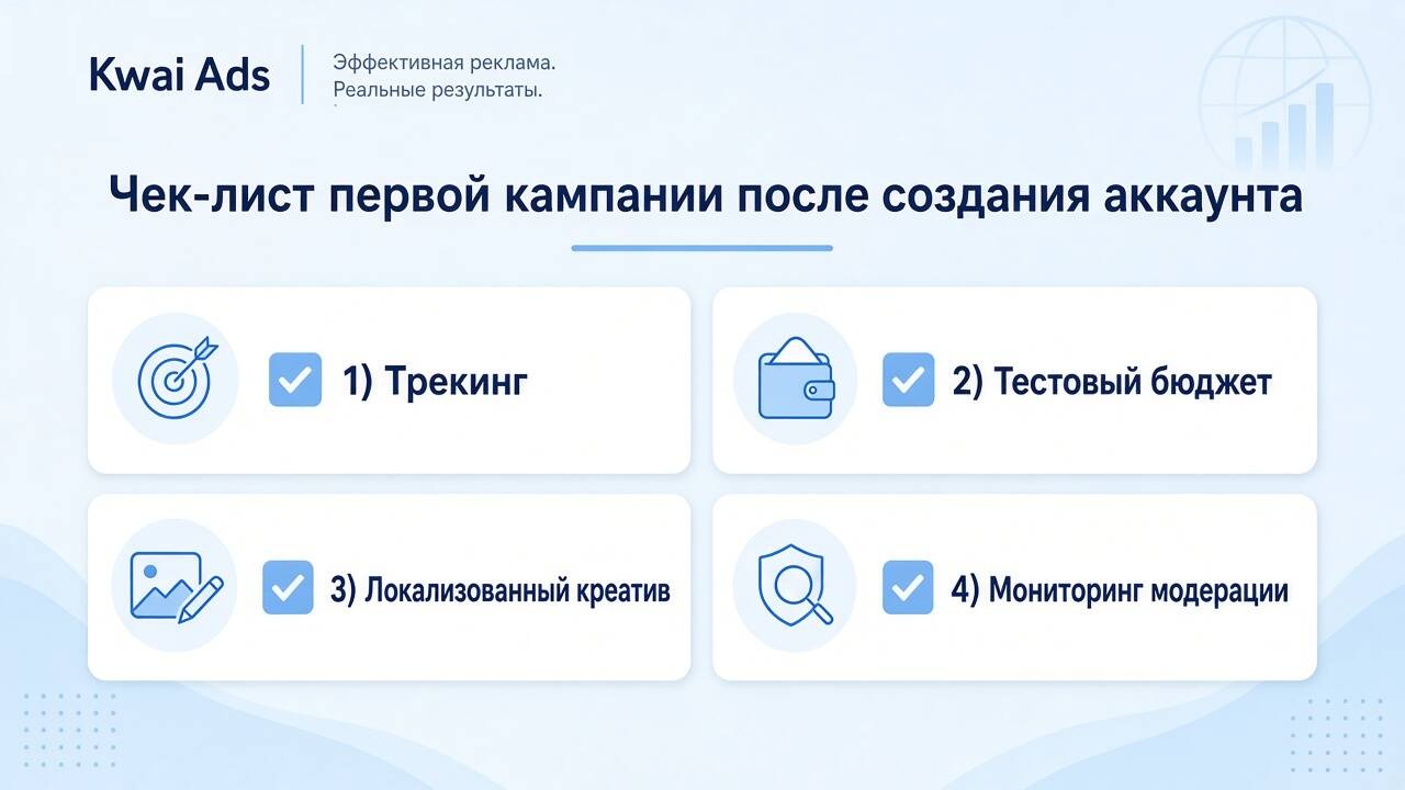 Чек-лист первой кампании после создания рекламного аккаунта Kwai Чек-лист первой кампании после создания рекламного аккаунта Kwai
